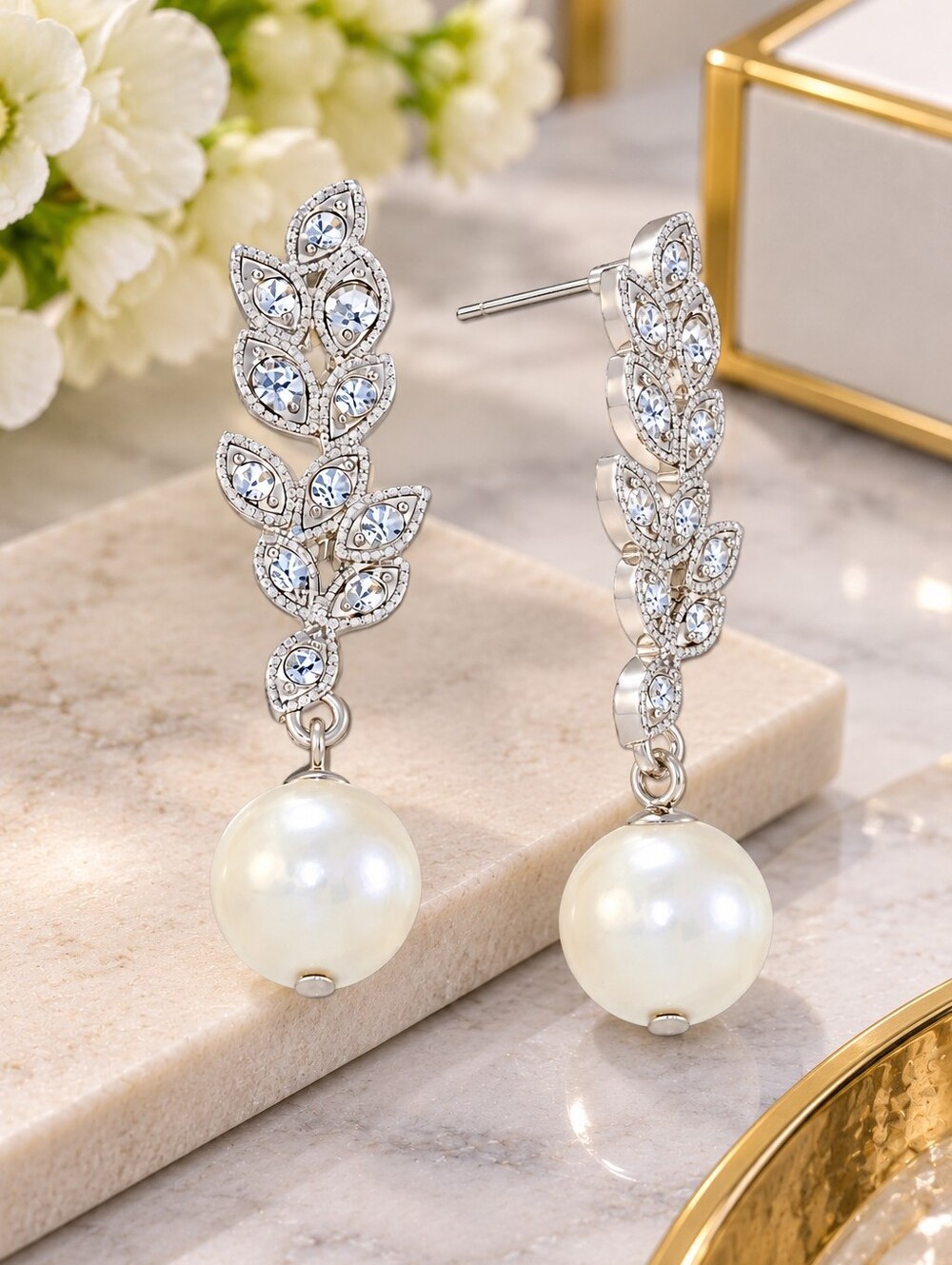 Silver Pearl Drop Leaf Crystal Earrings - Women Jewelry